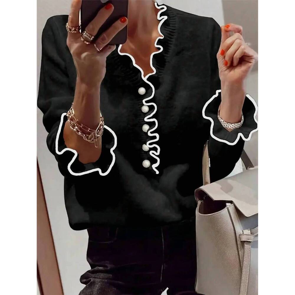 NEW HIDDENBRAND shelby ruffle knit contrast trim v-neck sweater in black